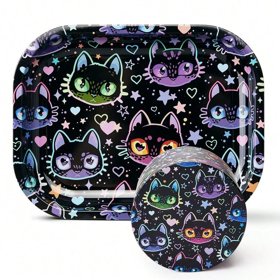 Cute Cat Printing Rolling Tray Set With Grinder, Metal Rolling Tray Combo Kit Ideal For Gifts, Easy To Carry - Con mèo dễ thương - Xem 1