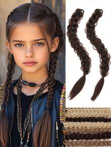 2 件长发辫子橡胶圈辫子发纤维合成假发适合儿童日常佩戴和角色扮演 - 自然黑 - 查看 5