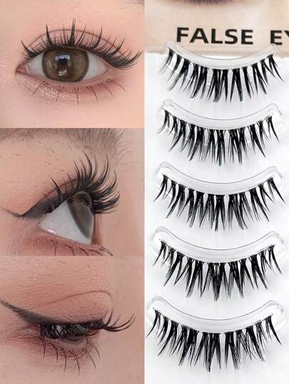 5 Pairs Pointed Cartoon Style False Eyelashes, Japanese Comic Inspired Lashes, Whole Lash Strip, 10-14mm Tapered Invisible Band, Thick & Dramatic Look