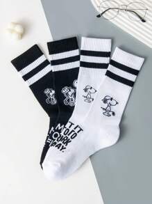 SNOOPY 2 pares de calcetines de media pantorrilla de rayas de dibujos animados de alta calidad en negro y blanco para hombres, calcetines de mujer de la caricatura Snoopy, calcetines de verano regalo para hombres, calcetines transpirables y cómodos, estilo de pareja