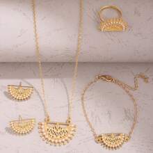 Set de 5 piezas de joyería estilo bohemio de aleación de zinc con perlas en forma de media luna - collar, anillo, aretes y pulsera