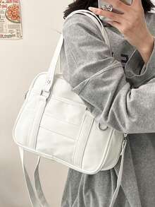 Minimalist Solid Color PU Leather Tote Bag For Women, Simple Fashion OL Commuter Handbag With Large Capacity, Shoulder Bag - White - View 2