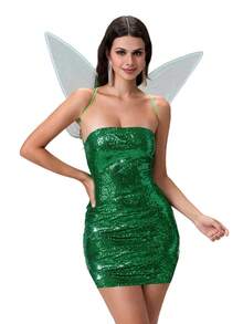 Women Fairy Cosplay Costume Set Sequins Bodycon Tube Dress Wing Halloween Outfits - Green - View 1