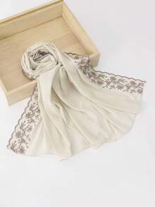 1 pieza Bufanda de mujer de unicolor con bordado de hojas de encaje y perlas falsas de gasa, elegante chal de moda malasia e indonesia para vestido - multicolor - Ver 7