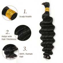 Human Braiding Hair 12A Deep Water Wave Bulk Human Hair  Curly Human Hair For  Braids Hair Extensions No Weft 2 Braids Per Pack Wet And Wavy Human Hair Braiding Hair Natural Black 110g 24 Inch - Natural Black - 查看 3