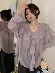 女式 V 领荷叶边长袖透明衬衫，时尚法式上衣，夏季 - 淡紫色 - 查看 7