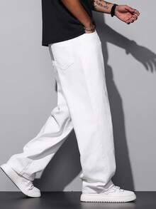 1pc Fashionable Classic High-Quality Simple Denim Jeans For Men, Casual Loose Straight Cut Trousers - White - View 7