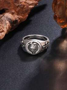 925 Sterling Silver Vintage Cross & Prayer Hand Signet Ring, Fashion Men's Rings, Suitable For Dating, Party, Daily Wear, Birthday Gift For Boyfriend, Friend, Family - Men's Fine Jewelry