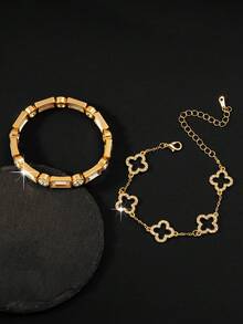2pcs/Set Minimalist & Fashionable Bracelet & Bangle Set, Suitable For Daily Wear - Gold - View 2