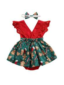 Newborn Baby Girl Christmas Romper Dress Lace Sleeveless Tutu Bodysuit Xmas Outfit + Headband My First Christmas Clothes - Green - View 3