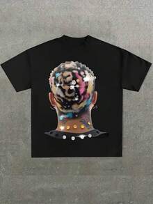 Camisa con imagen de la parte posterior de la cabeza de un personaje - Estilo Eccéntrico y Moderno,Camiseta casual de cuello redondo y manga corta con estampado,adecuada para uso diario en primavera y verano,unisex - Negro - Ver 1