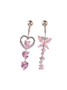 2-6 件 14G 肚脐环 316L 不锈钢方晶锆石、蝴蝶、心形肚脐环可爱日常场合精致肚脐穿孔女士肚脐穿孔套装，粉色 CZ 10 毫米条长