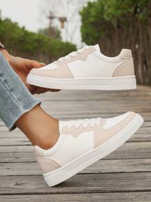 Women's Sports Casual Sneakers, Perforated Bicolor Design White Flat Sports Shoes, Soft Bottom Lightweight, Versatile Casual White Shoes