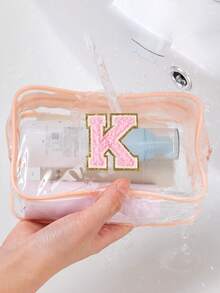 1个透明PVC便携式收纳袋，带毛巾，绣有字母A-Z，大容量化妆品收纳包，防水，带拉链，化妆包，化妆品袋，旅行收纳包，美妆包，可装口红