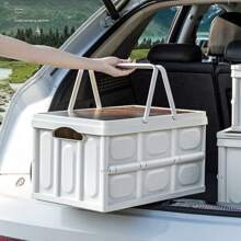 1PC PP Foldable Outdoor Camping Storage Box – Multifunctional Picnic Organizer With Wooden Lid & Carry Handle | Portable Clothes/Garden Gear Trunk | Universal For Car, Patio, Family Outings & Home Use | Beach Essential