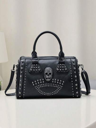 New Punk Style Riveted Skull Head Large Capacity Women Handbag Shoulder Messenger Bag, Vintage European American Fashion Rivet Skull Tote Bag, Halloween Bags Perfect For Fancy Party Matching With Halloween Costumes