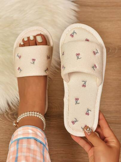 Fall/Winter Women's Cherry Embroidery Anti-Slip Open Toe House Slippers, Velvet Texture, Spring/Autumn