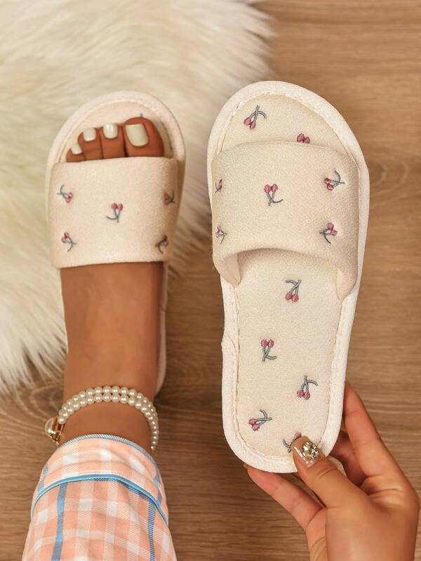 Fall/Winter Women's Cherry Embroidery Anti-Slip Open Toe House Slippers, Velvet Texture, Spring/Autumn