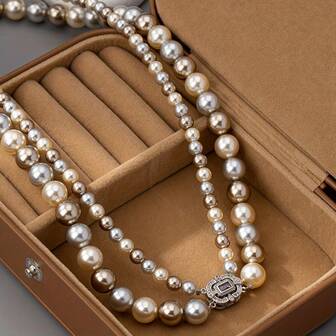 2025 Vintage Layered Beaded Necklace For Women - Coffee & Champagne Tri-Color Short Choker, Double Chain Stacked Design With Metal Clasp, Elegant Christmas & Mother's Day Gift