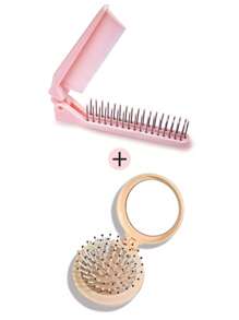 2pcs Set - Mini Folding Hair Brush With Mirror, Suitable For Women, Men And Children, Includes Soft Nylon Bristle Brush And Portable Hair Brush With Mirror For Wallet And Travel