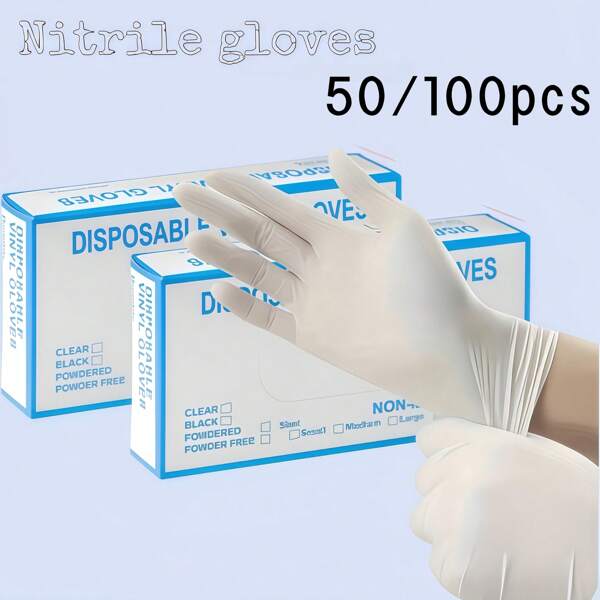 100pcs Disposable Nitrile Gloves (White) Latex-Free, Super Durable Multi-Purpose Securely Bagged For Damage-Free Transport Ideal For Kitchen, Tattoo, Hair Dyeing, Pet Care, Beauty Home Cleaning(Prevent Damage By Bagging)