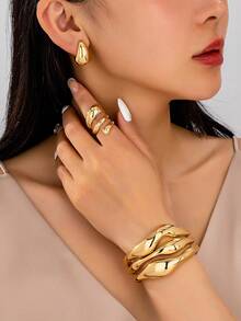 4件套简约时尚金色花卉几何水滴线条手链、戒指、耳环首饰套装，适合女性，厚实光滑的金属和锌合金材质。 - 銀色的 - 查看 14