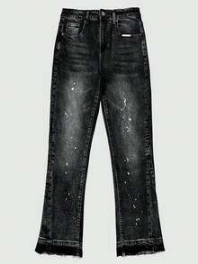 Casual High-End Minimalist Versatile Water-Washed Distressed Hem Men's Jeans, Button & Zipper Closure Slim Straight Leg Pants, Suitable For All Seasons