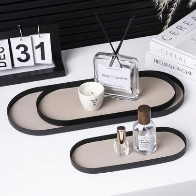 北欧风格金属椭圆形托盘，皮革装饰 - 多功能多用途收纳盒，适用于珠宝、香水、眼镜和钥匙 | 优雅装饰收纳解决方案，适用于家庭、酒店、咖啡厅和活动（客厅、浴室、卧室、入口），适用于女性收纳收纳旅行必需品礼物返校