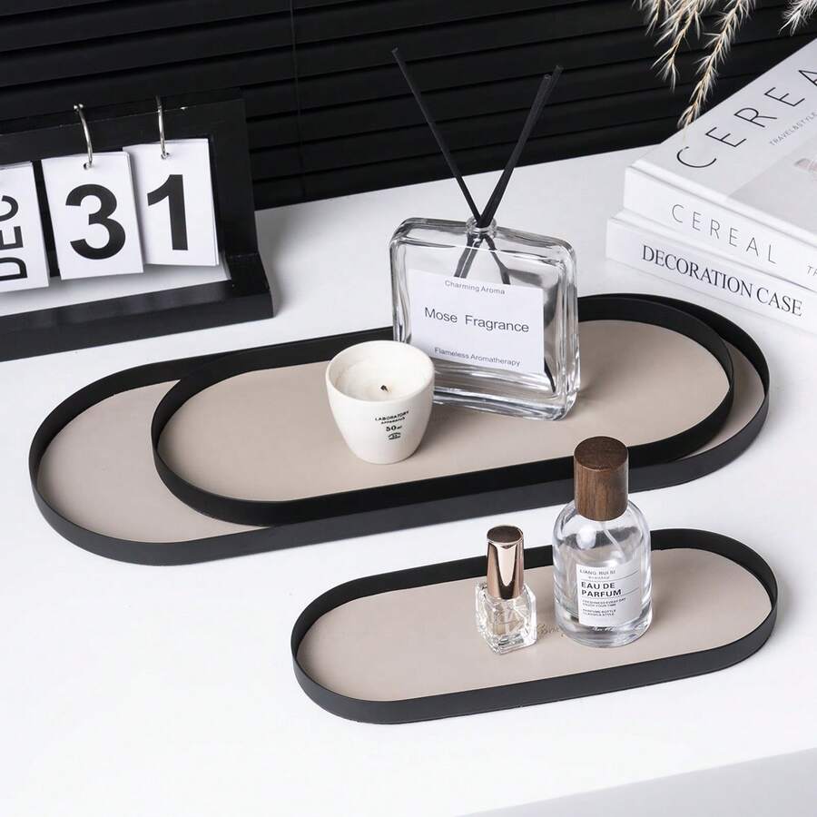 Bandeja ovalada de metal estilo nórdico con acentos - Organizador versátil de uso múltiple para joyas, fragancias, gafas y llaves | Solución de almacenamiento decorativa elegante para el hogar, hotel, cafetería y eventos (sala de estar, baño, dormitorio, entrada) para mujeres Organizador de almacenamiento Esenciales de viaje Regalo de regreso a la escuela
