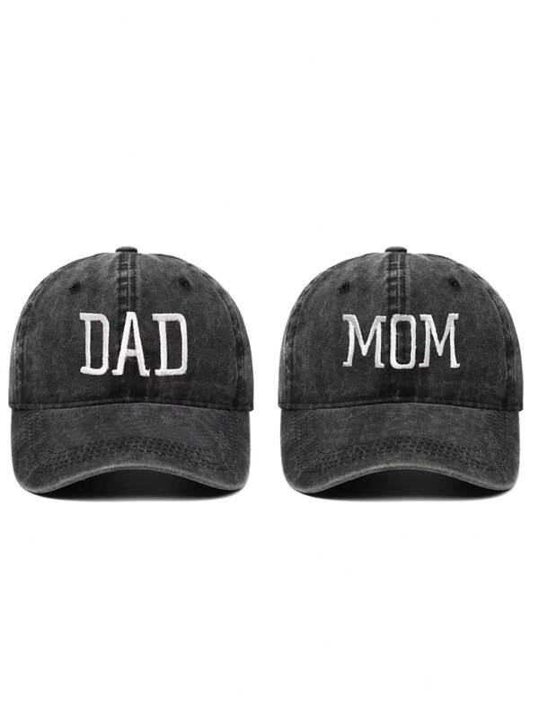 2 Stücke "DAD MOM" bestickte, verstellbare Baseballkappen - im Used-Look, neutrale, unisex Sonnenhüte für Outdoor-Aktivitäten, modisches Accessoire, Geschenk für Feiertage