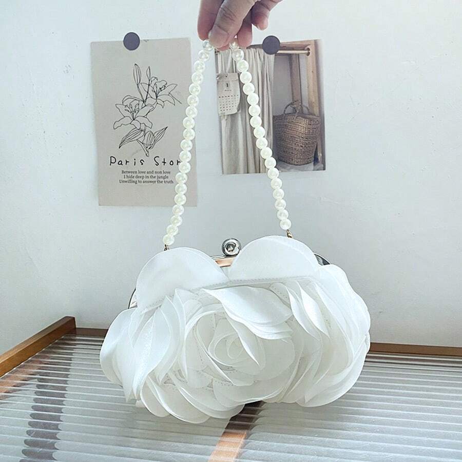 1 件晚宴包花朵新娘小钱包礼服派对手提包婚礼钱包女式花链女士手包 - 白色 - 查看 1