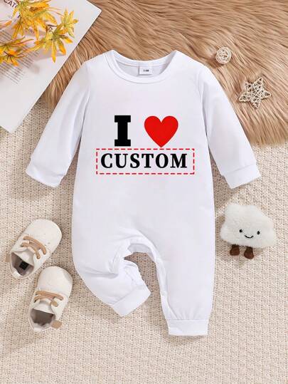 [Customized] Baby Girl Personalized Name Customized Baby Jumpsuit, Long Sleeve, Cute & Casual - White Round Neck, Comfortable & Breathable