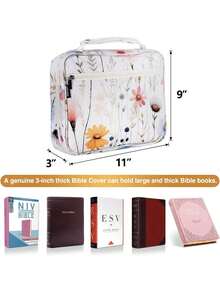 Large Bible Covers For Women 11x9x3inch Extra Large Bible Cover Case For Girls White Floral Bible Cover With Strap Pockets Zipper Waterproof Thick XL Study Bible Carrying Case Flower Bible Bag - White - View 11