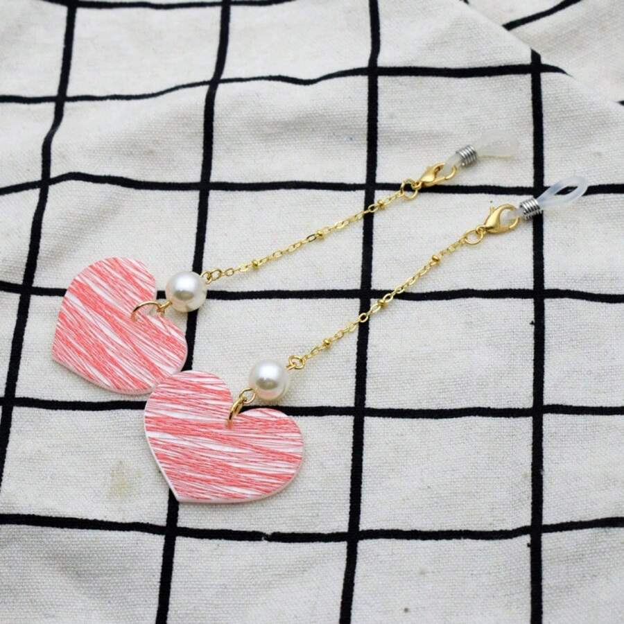 2pcs Heart Shaped Acrylic & Metal Glasses Chain, Vintage Style Eyeglasses Chain Holder Accessory - Red and White - View 1