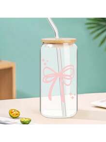 1pc 16oz Transparent Coffee Cup With Bowknot Design, Comes With Bamboo Lid And Straw, Large Capacity Outdoor Travel Portable Beverage/Juice Cup, Suitable For Summer And Winter, Birthday/Holiday Party Gift, Christmas Gift Glass Water Bottle