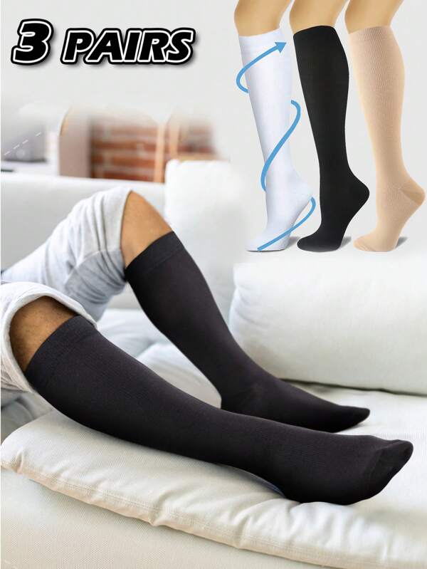 3 Paar unisex Kompressions-Kniestrümpfe in Weiß, elastisch für Laufen, Fitness, Radfahren, Basketball, Fußball, Eishockey, Fahrradfahren