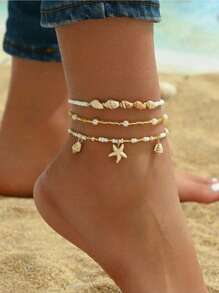 3pcs/Set Fashionable Summer Beach Resort Style Starfish, Shell & Pearl Anklet Foot Jewelry For Girls