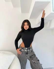 Bory Bore Bodi Women's Bodysuit Hollow Out High Neck Soft Mesh Premium Ribbed Fabric Sensual Party Anniversary Travel - 黑色 - 查看 1