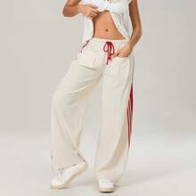 Womens Hudson Canyon Pants Side Striped Sweatpants Drawstring Waist High Rise Wide Leg Pant Trousers With Pockets Y2K Slouchy Palazzo Pants Streetwear - trắng - Xem 4