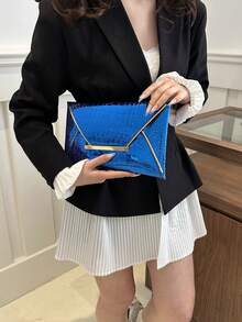 Crocodile Skin Pattern Solid Color Sequin Minimalist Casual PU Clutch Envelope Bag - Blue - View 7