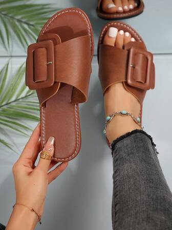 Women's Summer New European And Middle Eastern Style Fashion Casual Solid Color Open Toe Slip-On Beach Sandals Flat Shoes