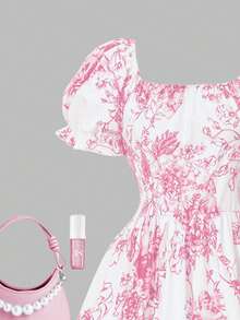 女童碎花泡泡袖连衣裙，方领设计，优雅时尚，适合夏季户外活动和派对。 - 淺粉色 - 查看 3