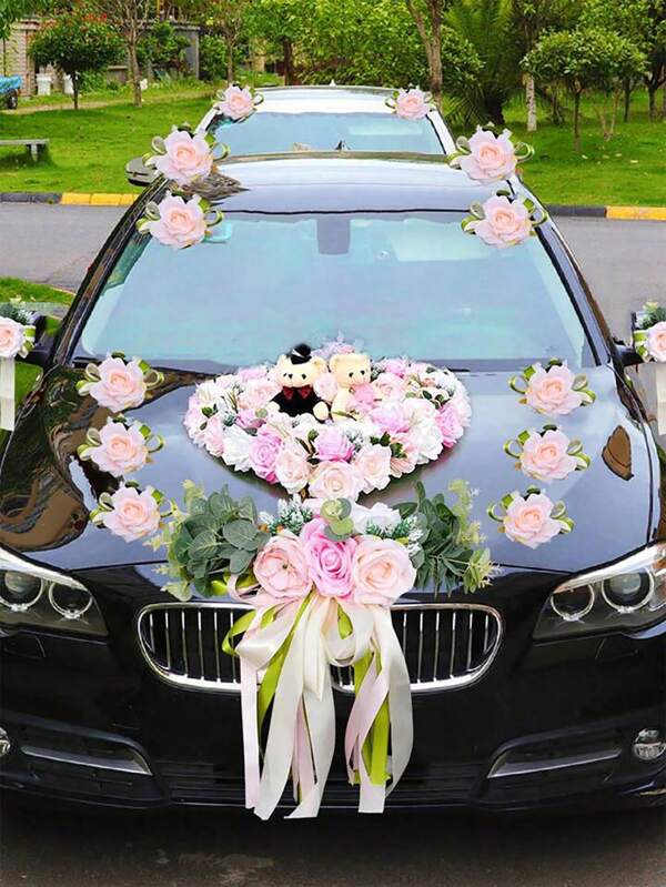 1PC DIY Wedding Car Flower Plate Ribbon Bows Set Door Handle Ornament Supplies Party Events Accessories Wedding Decoration Silk Organza Wreath(Suction Cup) Valentine's Day Valentines