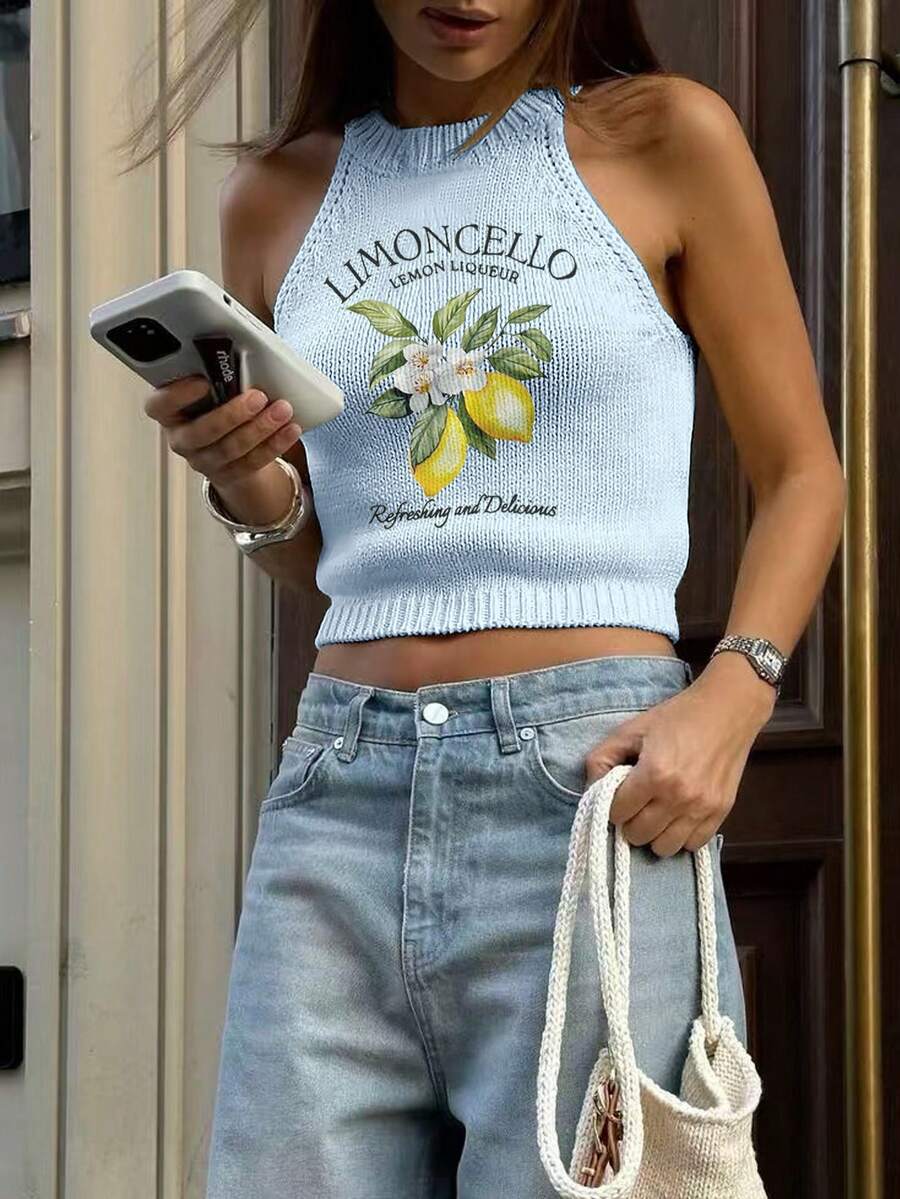 夏季新款圆领女式露背柠檬图案印花，简约时尚，适合通勤，夏季女式上衣