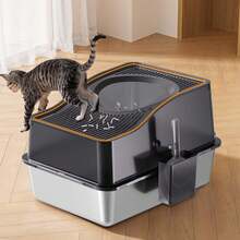 Stainless Steel Cat Litter Box,High Sided Extra Large Boxes For Cats, Enclosed Removable Covered Litter Box, Odor Control Anti-Leakage Large Top Entry Cat Toilet,23.6 X 15.7 X 13.58,Black - White - View 2