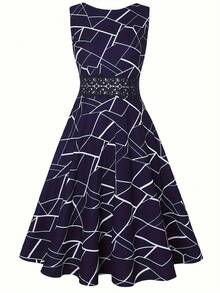 Summer Fashionable Commuter Geometric Striped Print Sleeveless Round Neck A-Line Mid-Length Dress For Women - Navy Blue - View 3
