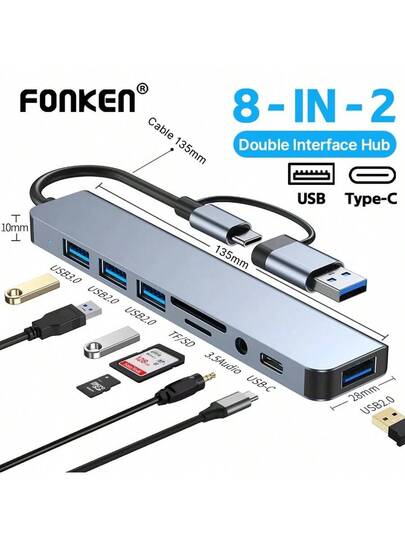 8 في 2 منافذ من النوع C Hub 3.0 USB C مُحوِّن الالتحام USB 3.0/2.0 محول متعدد SD TF READER SUBITER | مقاس: 8 في 1 محور; الواجهة الخارجية: يو إس بي أ + يو إس بي سي