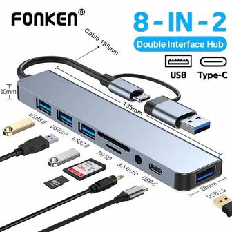Hub USB C de 8 en 2 puertos tipo C 3.0 con concentrador, adaptador múltiple con lector de tarjetas SD/TF, puertos USB 3.0/2.0 y extensión de audio