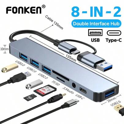 Hub USB C de 8 en 2 puertos tipo C 3.0 con concentrador, adaptador múltiple con lector de tarjetas SD/TF, puertos USB 3.0/2.0 y extensión de audio