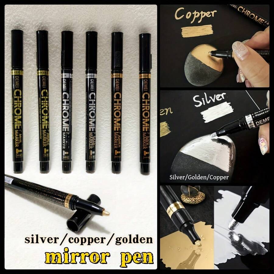 Chrome Mirror Marker Pen,Silver/Golden/Copper, Metal Reflective Marker, Chrome-Plated Mirror Effect Marker, 2mm Pen Tip,Quick Drying And Waterproof, Suitable For Rocks, Walls, Cups, Ceramics And Glass Crafts,Ideal For Painting, Graffiti, Highlight Markings And Crafts DIY Back To School